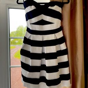 Express brand.  Black and white stripe dress with sweetheart neckline.